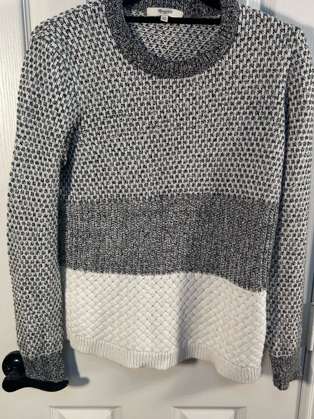 Madewell Gray & White Textured Colorblock Crewneck Sweater